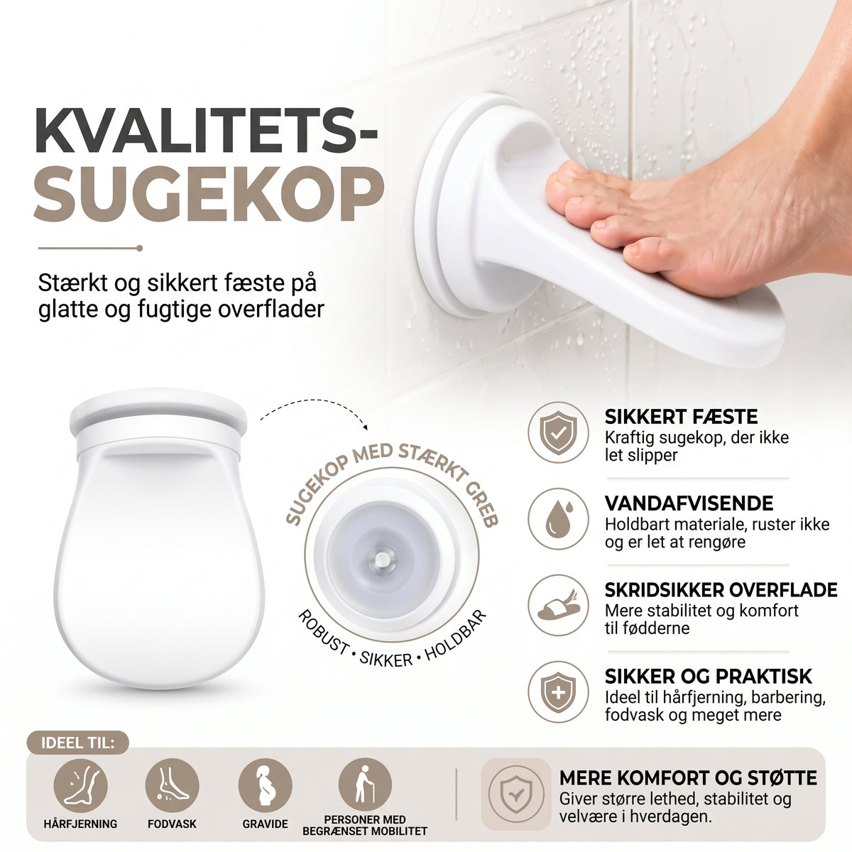 Fodstøtte til brusebad med sugekopmontering
