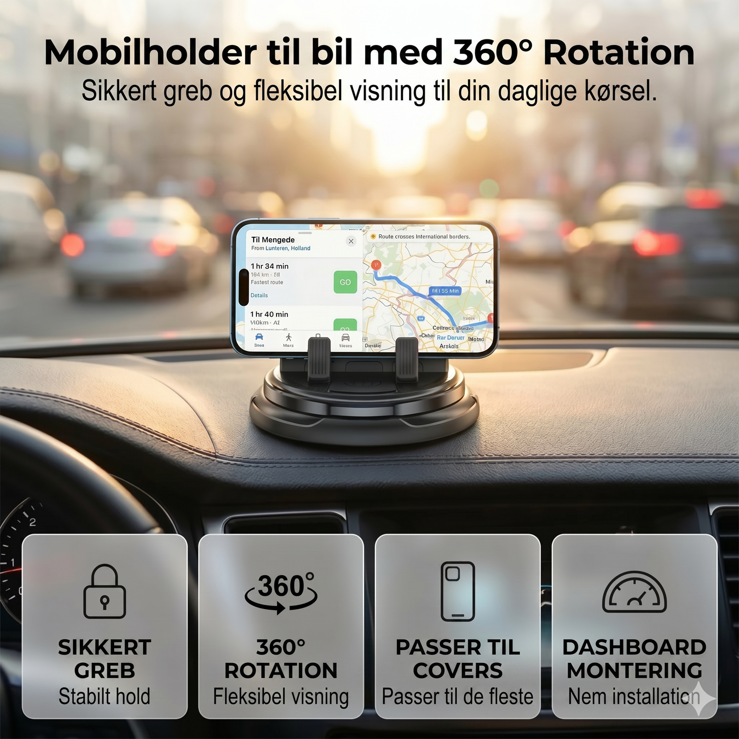 360° drejbar telefonholder til instrumentbrættet