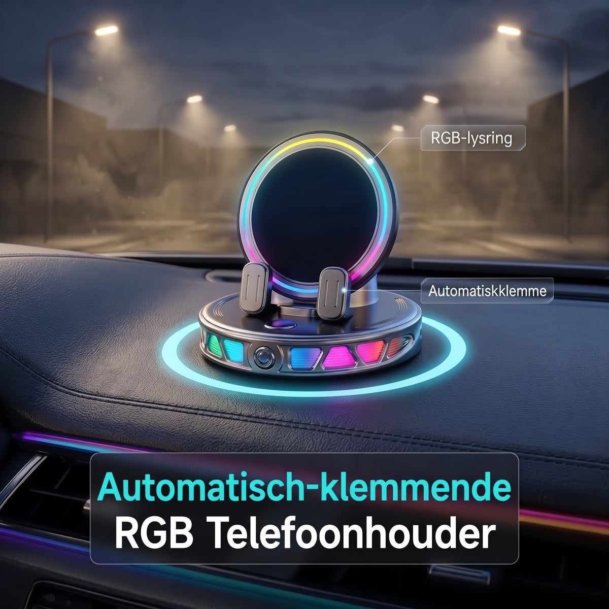 Mobilholder til bil med trådløs opladning, 360 graders rotation og RGB-belysning