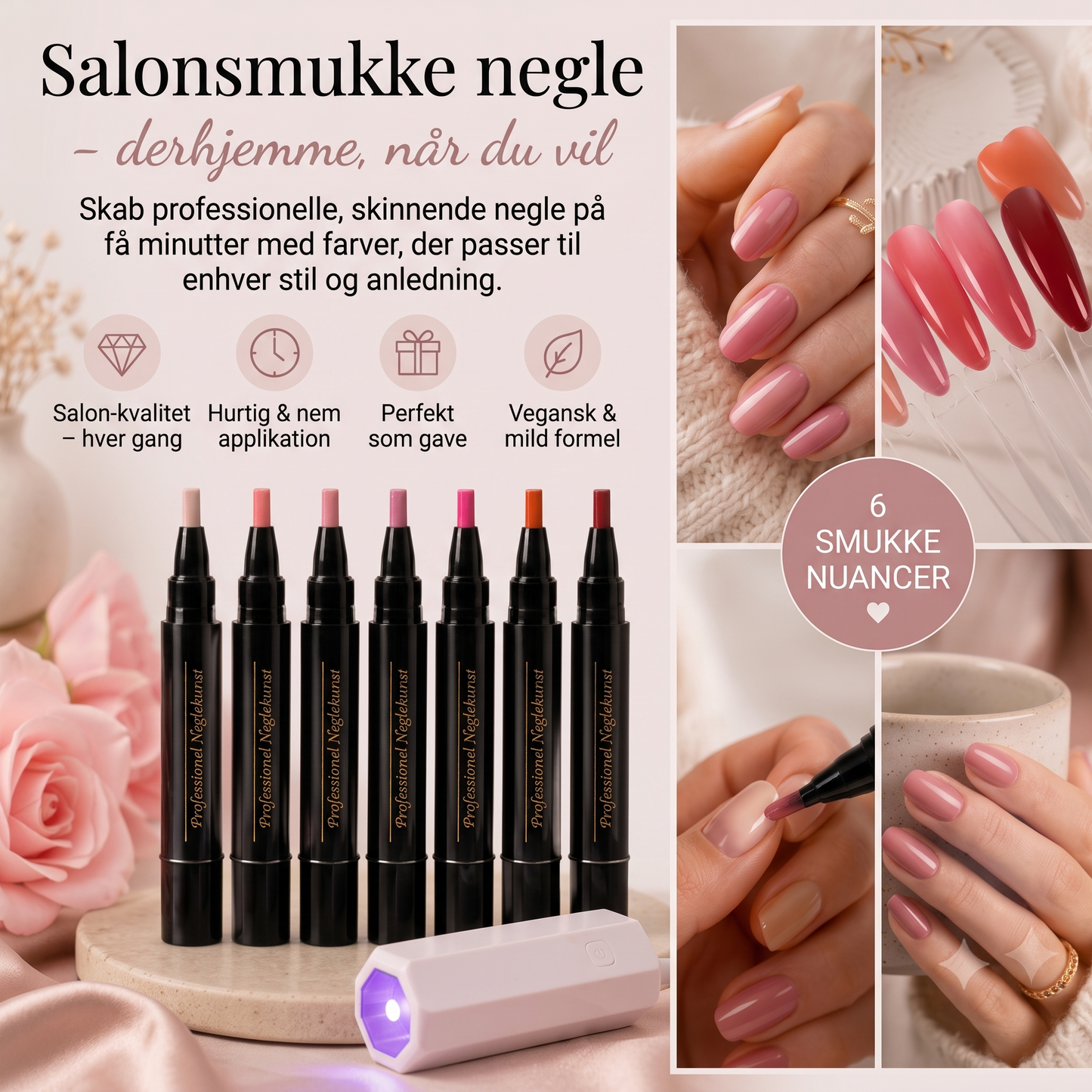 SalonPen 3-i-1 gelpennesæt med UV-LED-lampe (6 stk.)