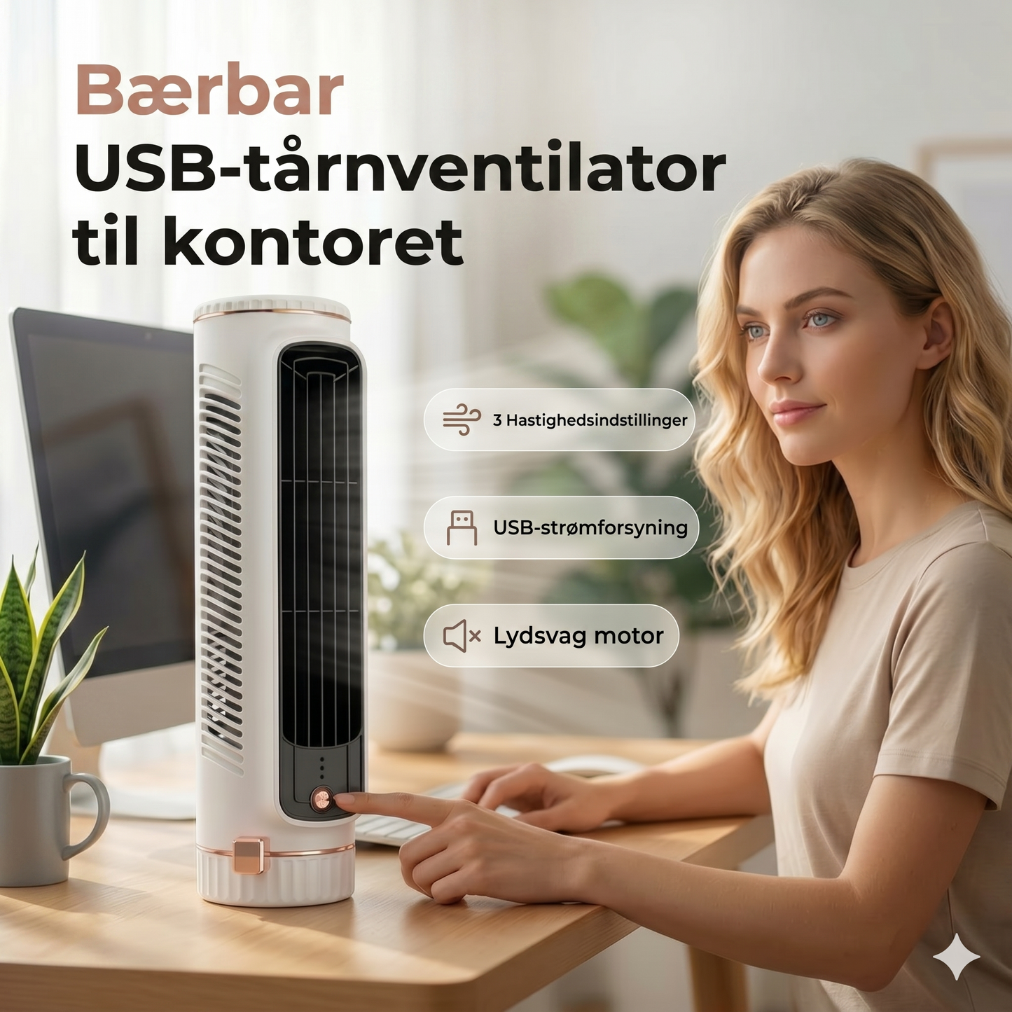 Bærbar USB-tårnventilator med 3 hastigheder