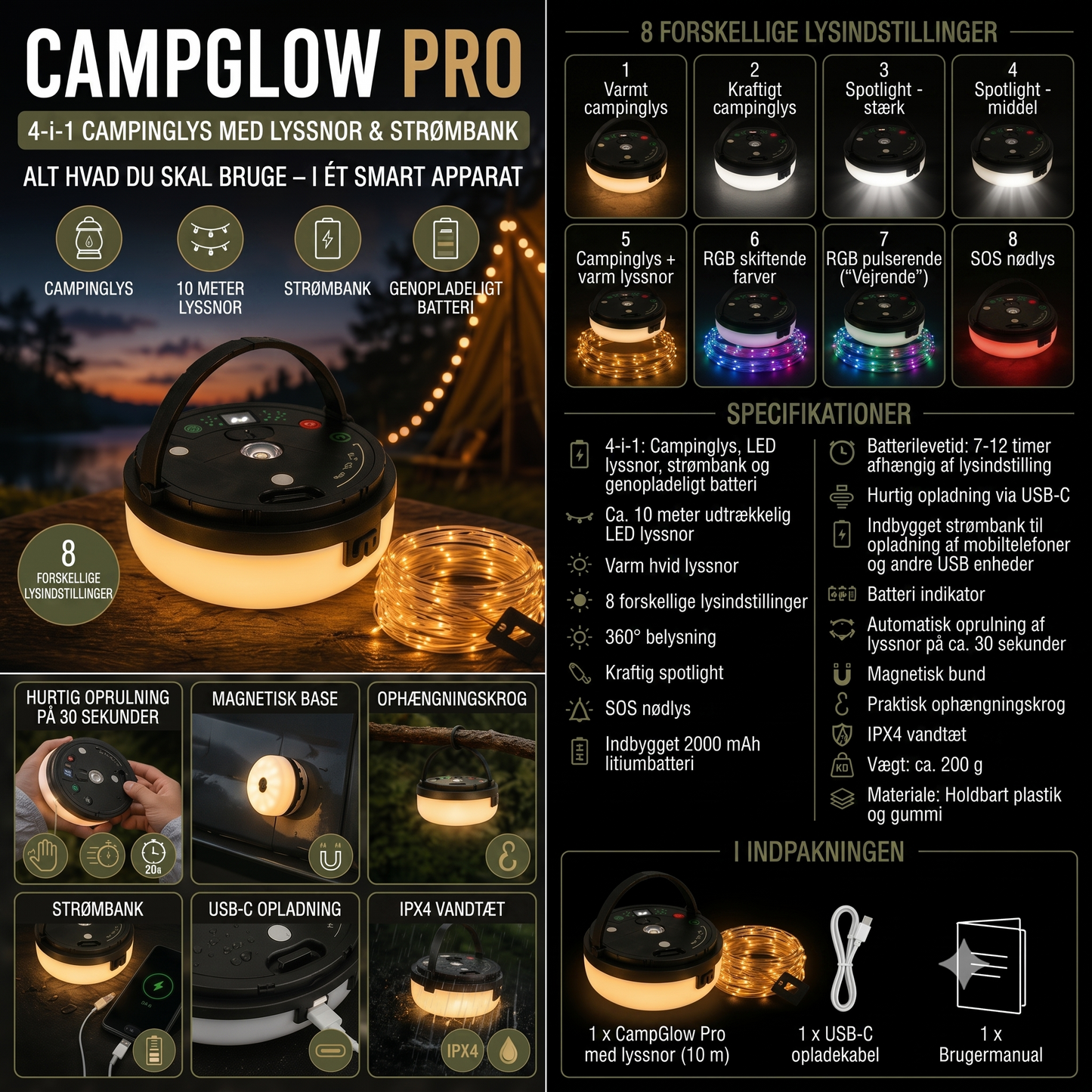 CampGlow 4-i-1 genopladelig campinglampe med lyskæde og powerbank