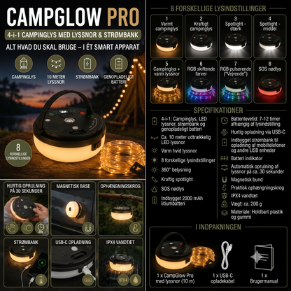 CampGlow 4-i-1 genopladelig campinglampe med lyskæde og powerbank