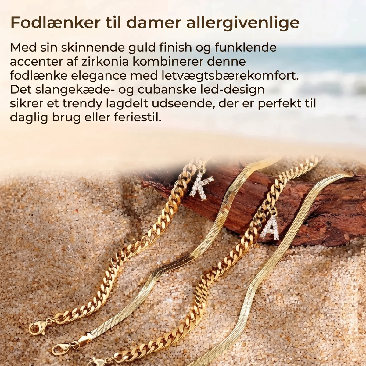 Gyldne ankelkæder med initial sæt med 2 stk.
