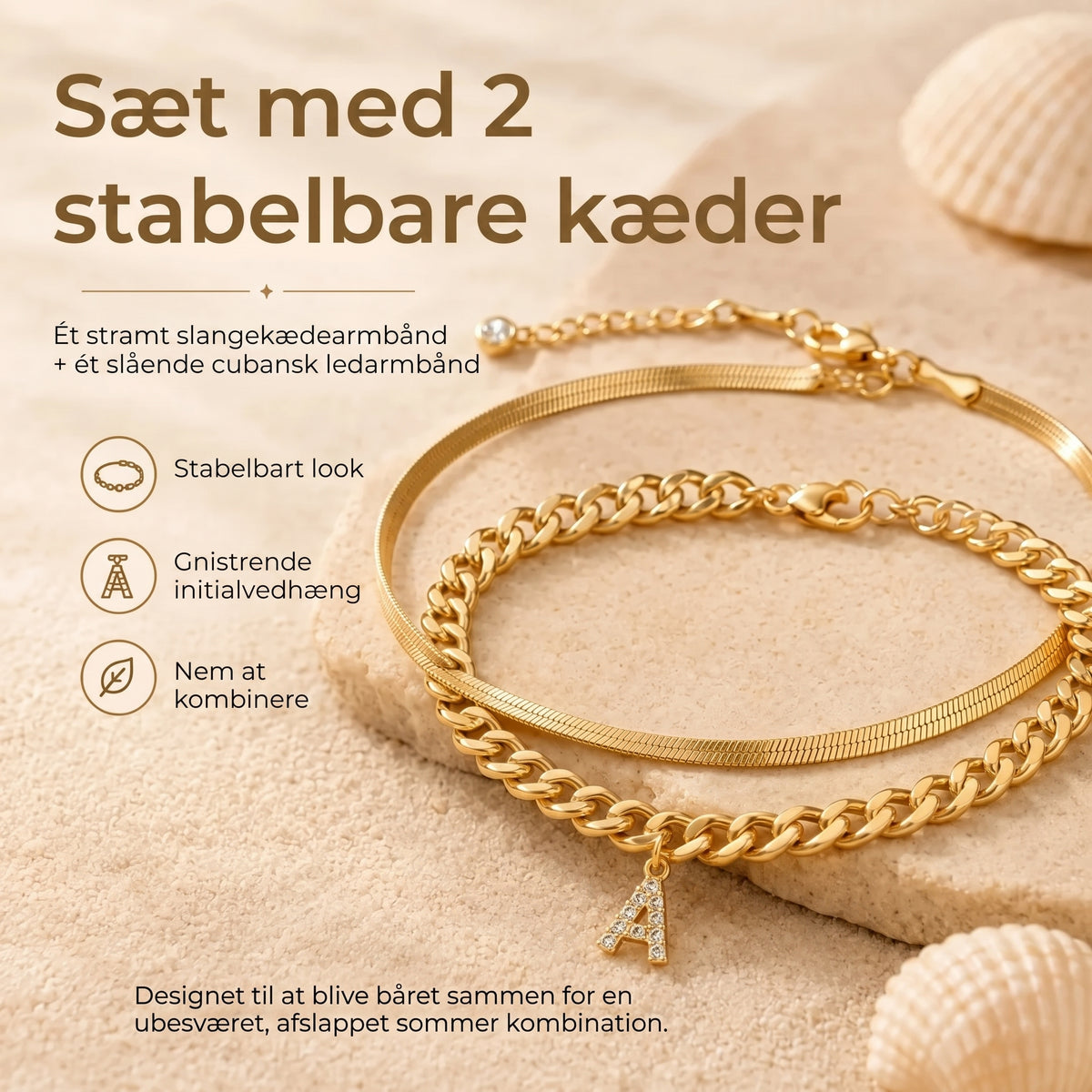 Gyldne ankelkæder med initial sæt med 2 stk.