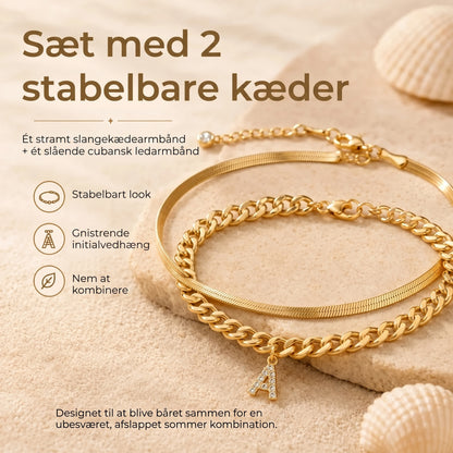 Gyldne ankelkæder med initial sæt med 2 stk.