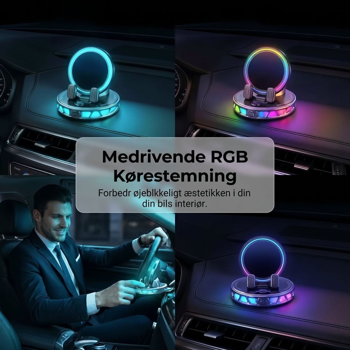 Mobilholder til bil med trådløs opladning, 360 graders rotation og RGB-belysning