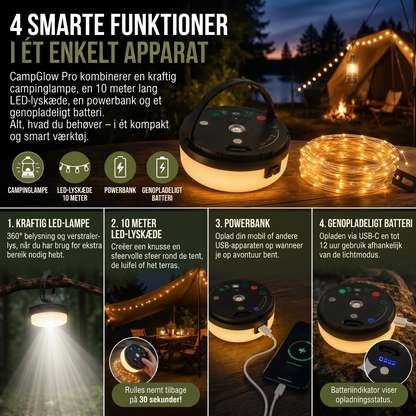 CampGlow 4-i-1 genopladelig campinglampe med lyskæde og powerbank