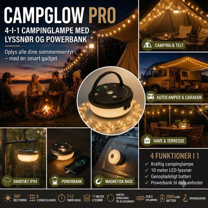 CampGlow 4-i-1 genopladelig campinglampe med lyskæde og powerbank