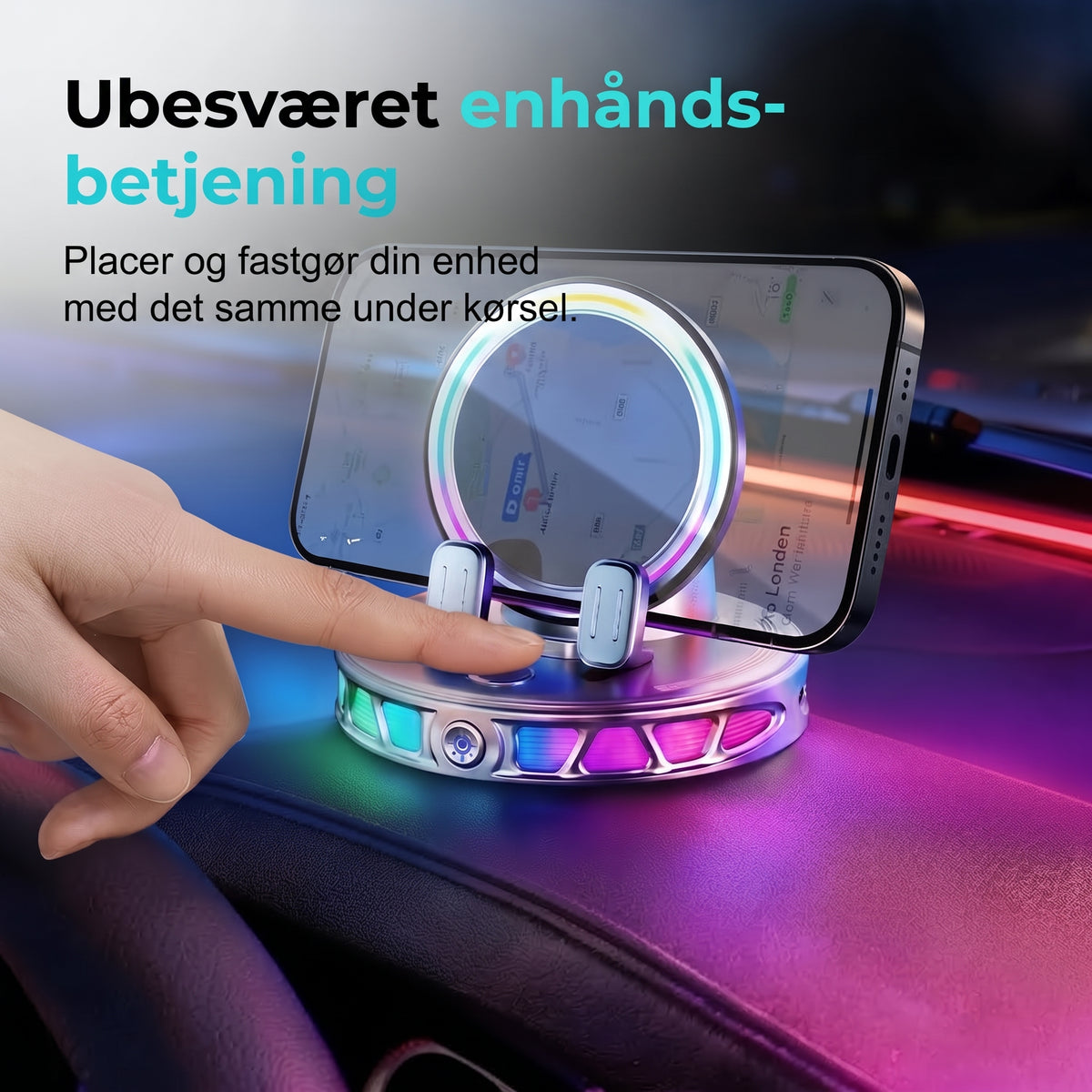 Mobilholder til bil med trådløs opladning, 360 graders rotation og RGB-belysning