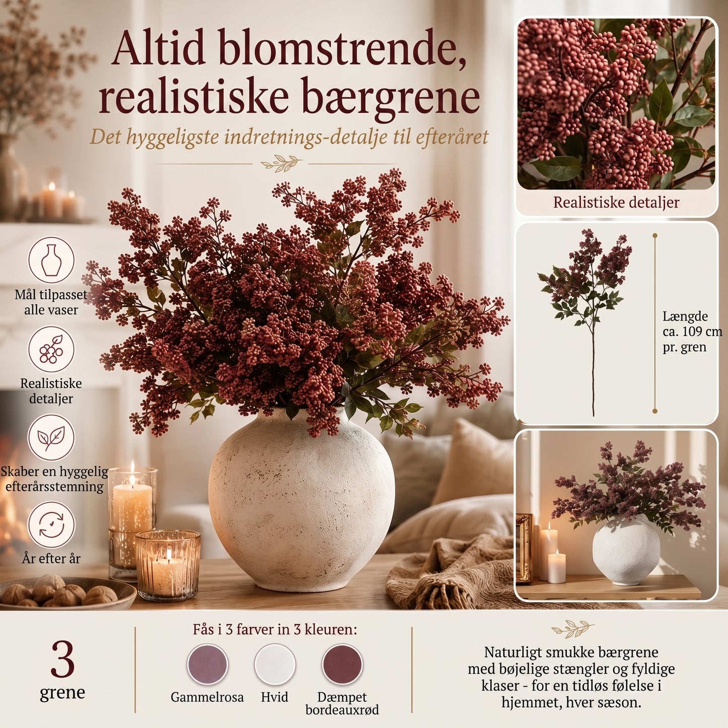 Everbloom naturtro bærgrene til efterårsdekoration sæt med 3 stk.