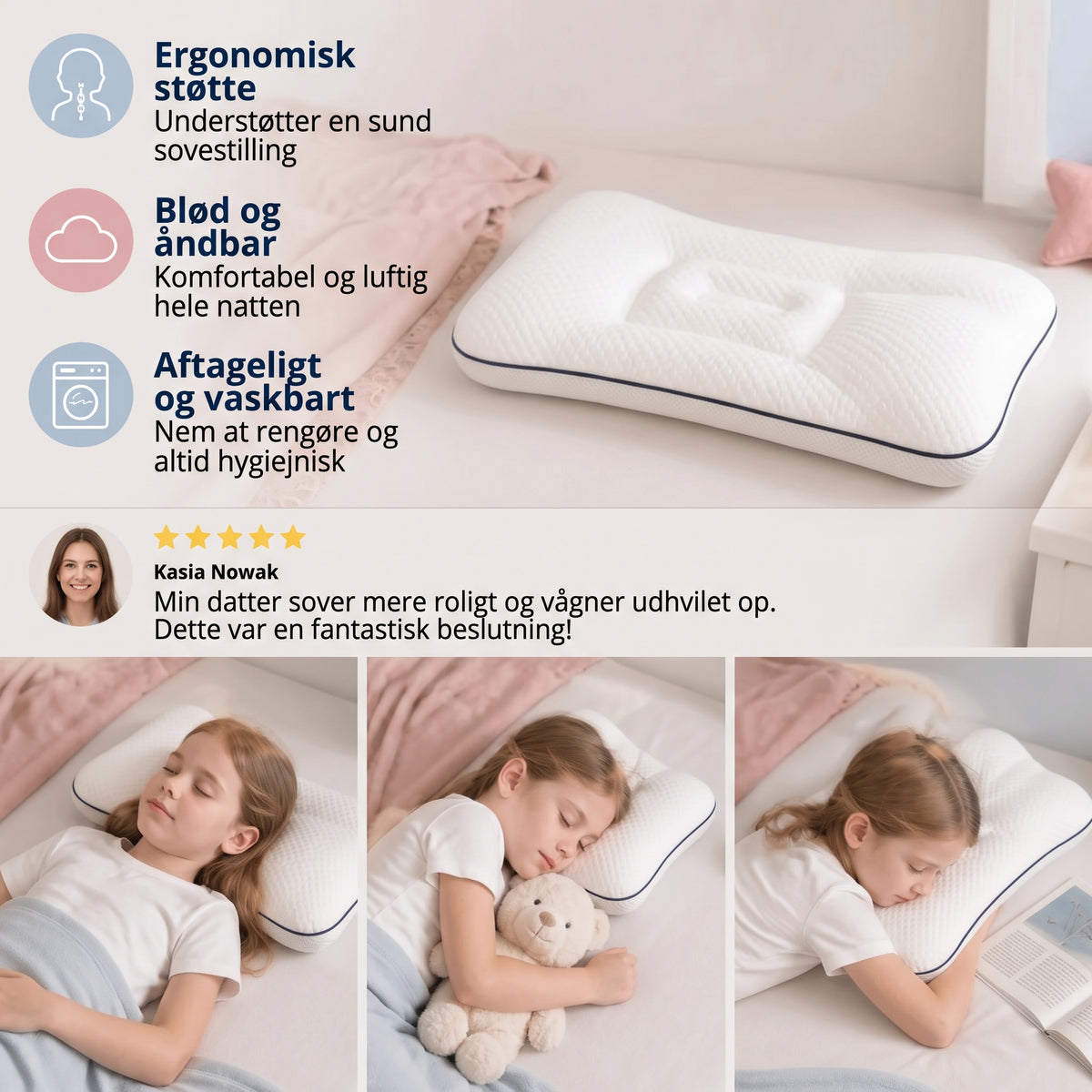 Ergonomisk børnepude i memory foam med nakkestøtte