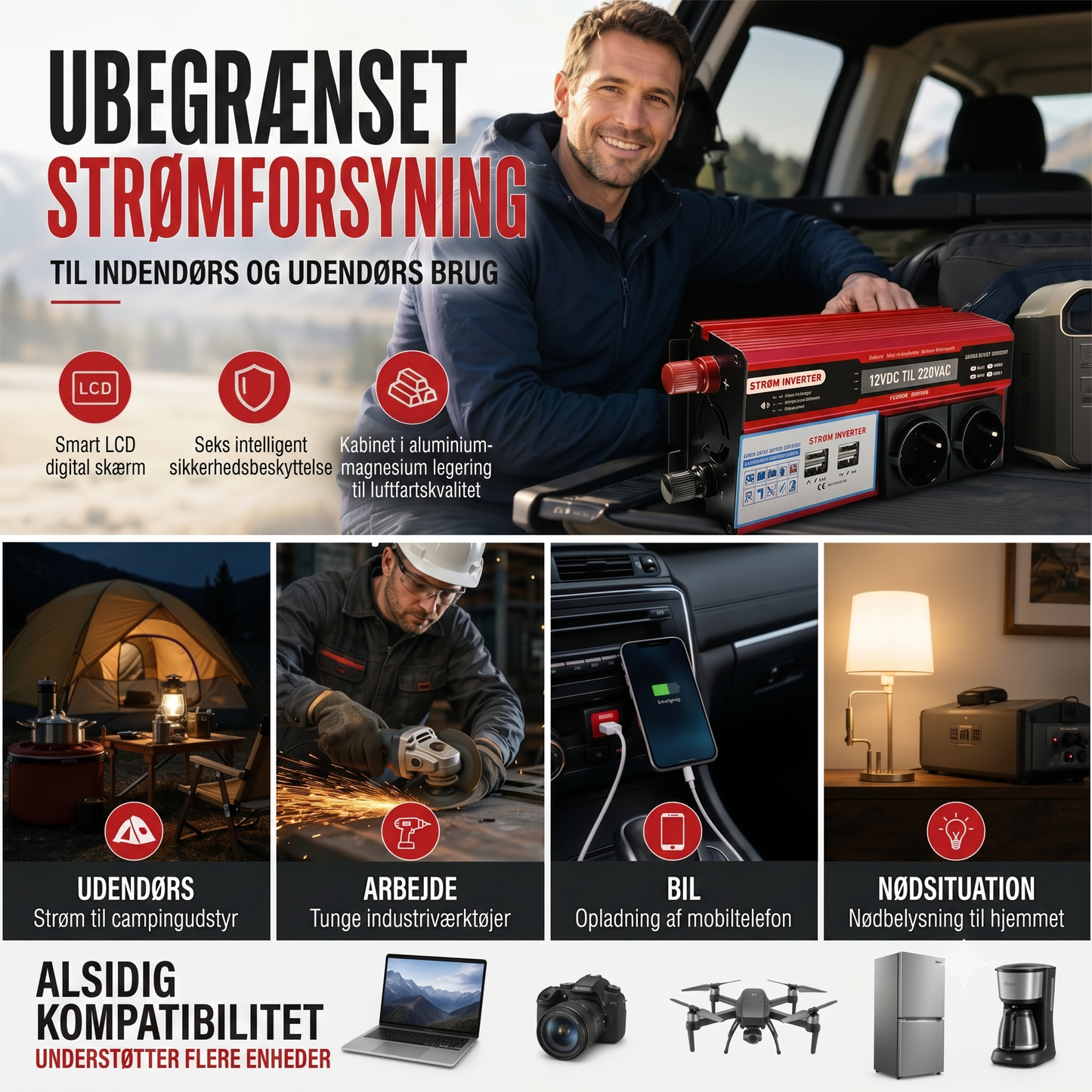 Bilinverter 12 V til 230 V