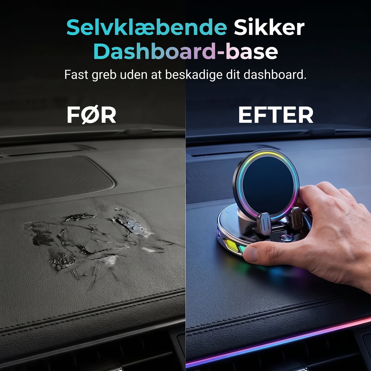 Mobilholder til bil med trådløs opladning, 360 graders rotation og RGB-belysning