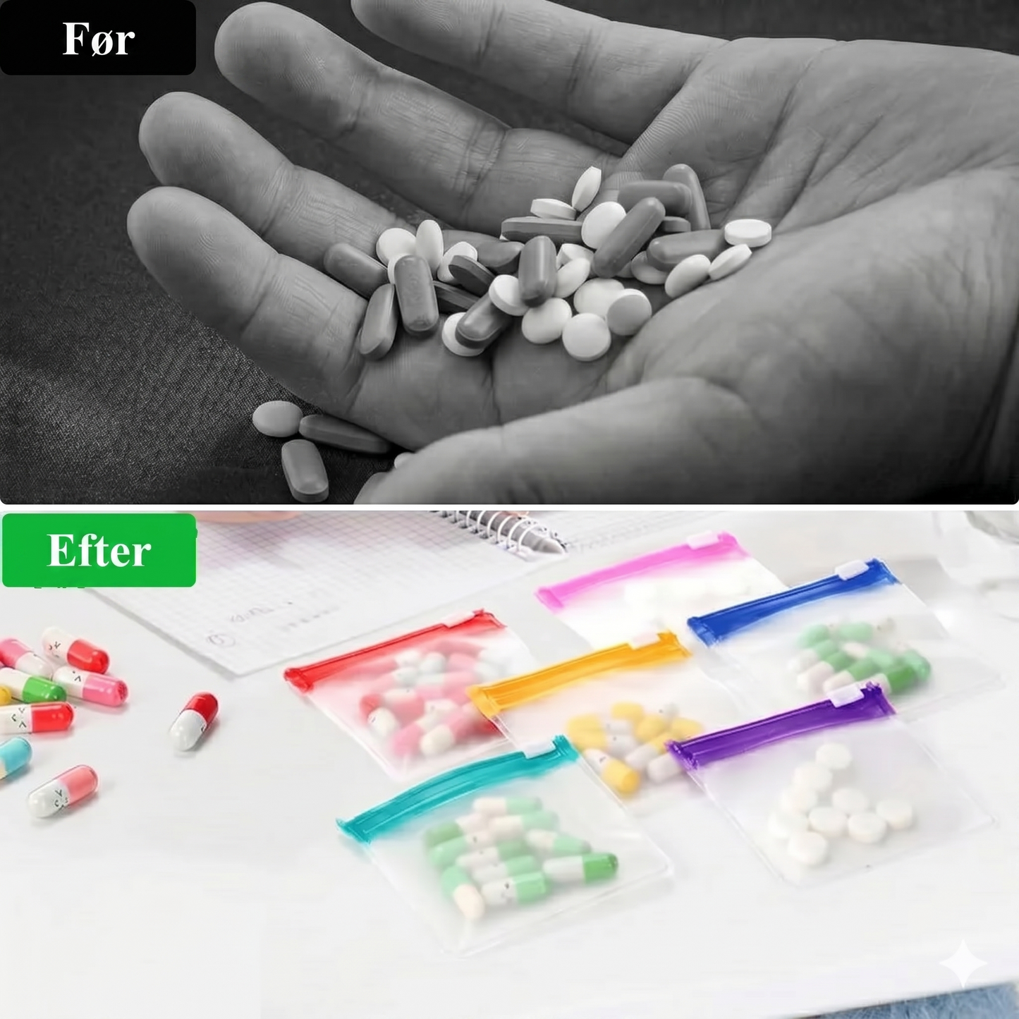 Sæt med 7 gennemsigtige pilleposer med glidelås – lufttæt