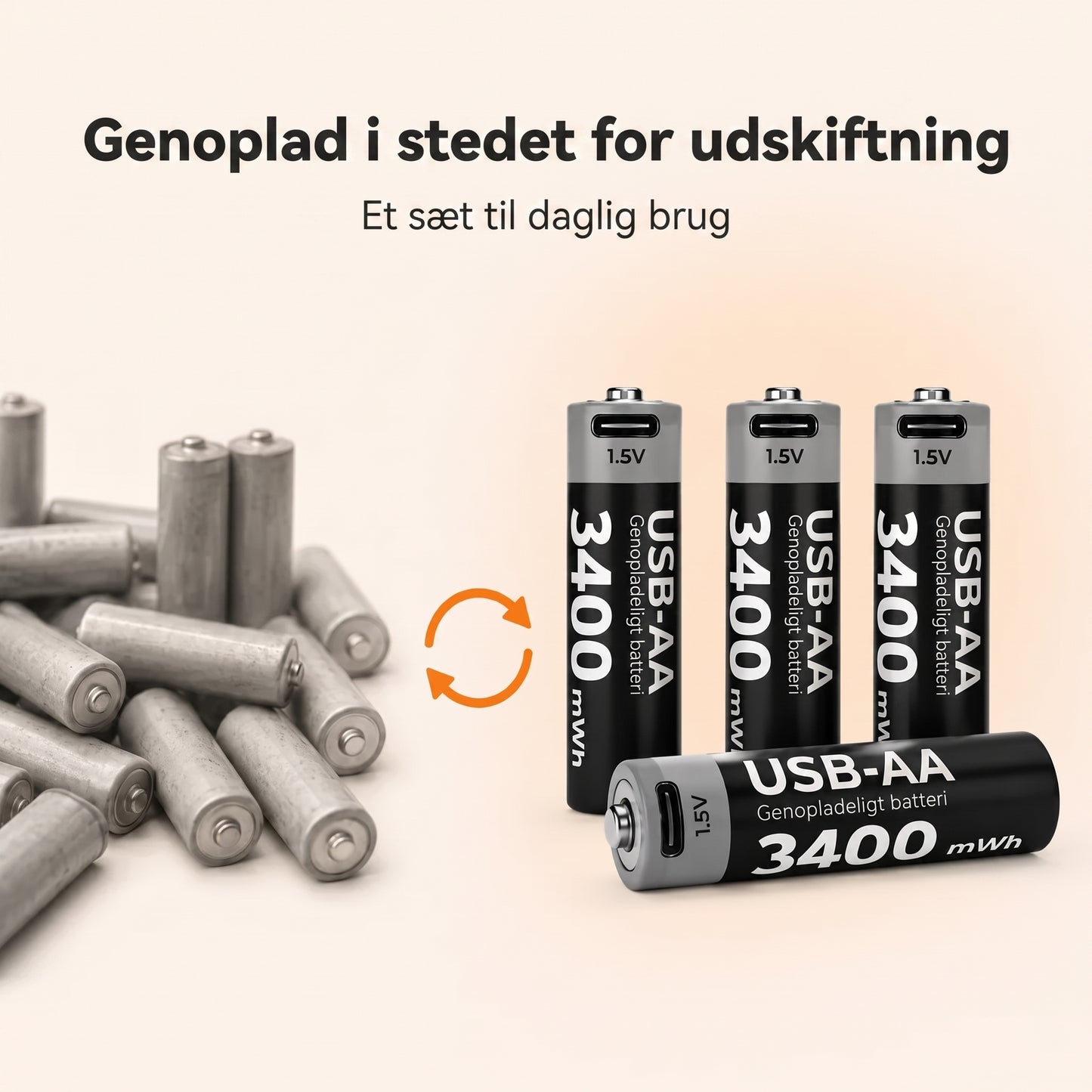 Genopladelige AA-litiumbatterier 1,5 V USB-C sæt med 2 stk.
