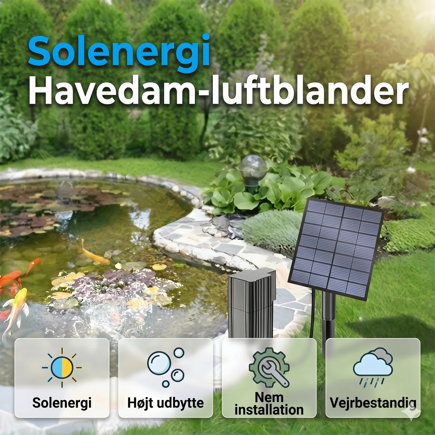 Solcelledrevet damlufter – giver kontinuerlig ilt til fisk og planter