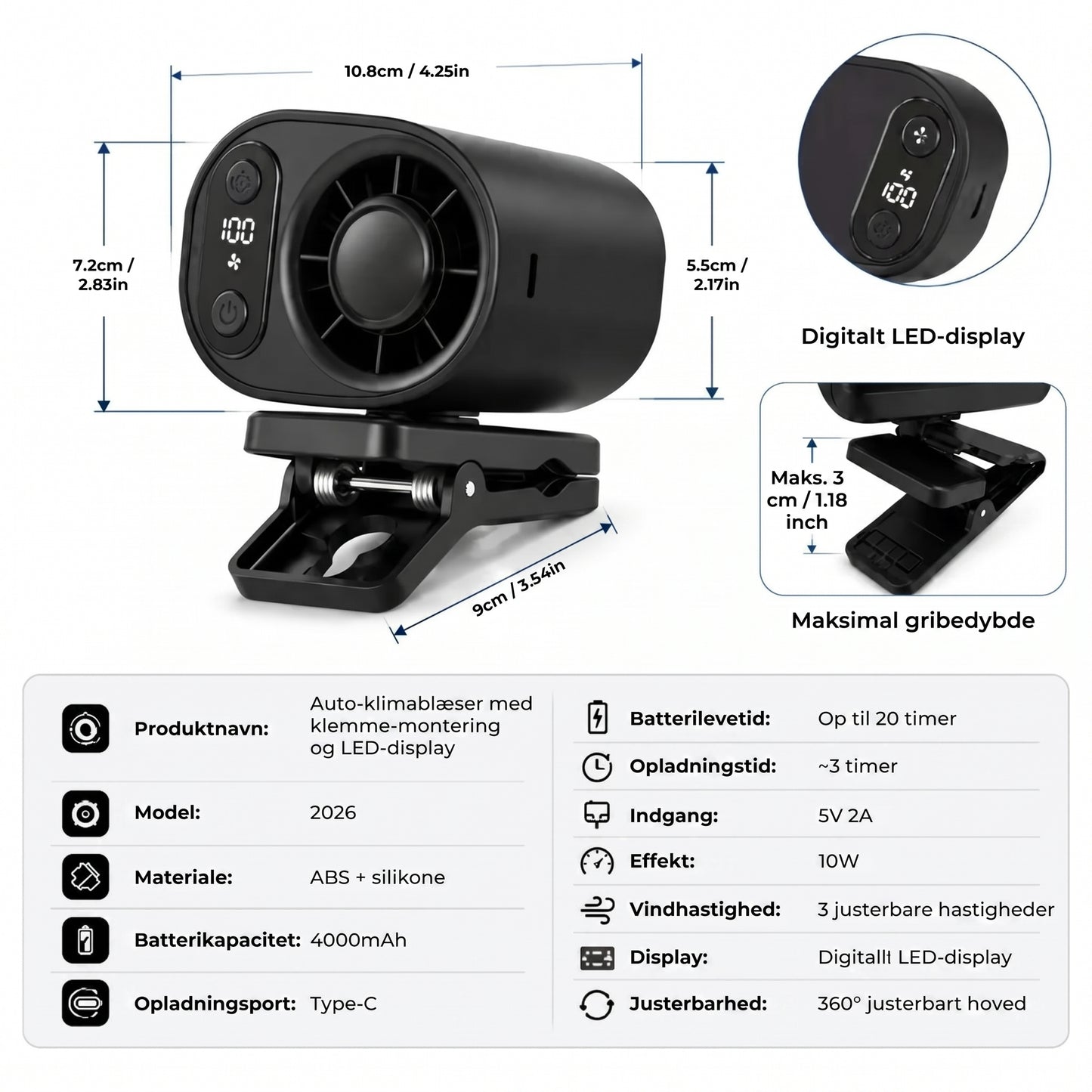 Genopladelig bilventilator med clips