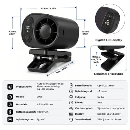 Genopladelig bilventilator med clips
