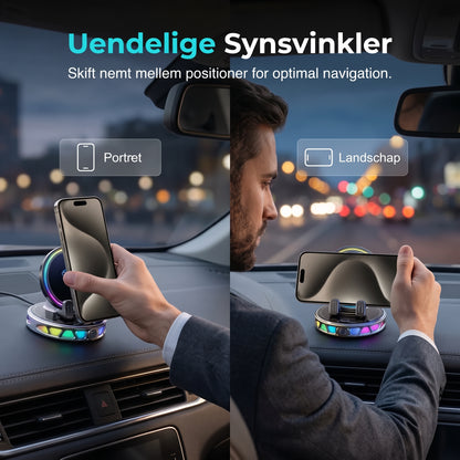 Mobilholder til bil med trådløs opladning, 360 graders rotation og RGB-belysning