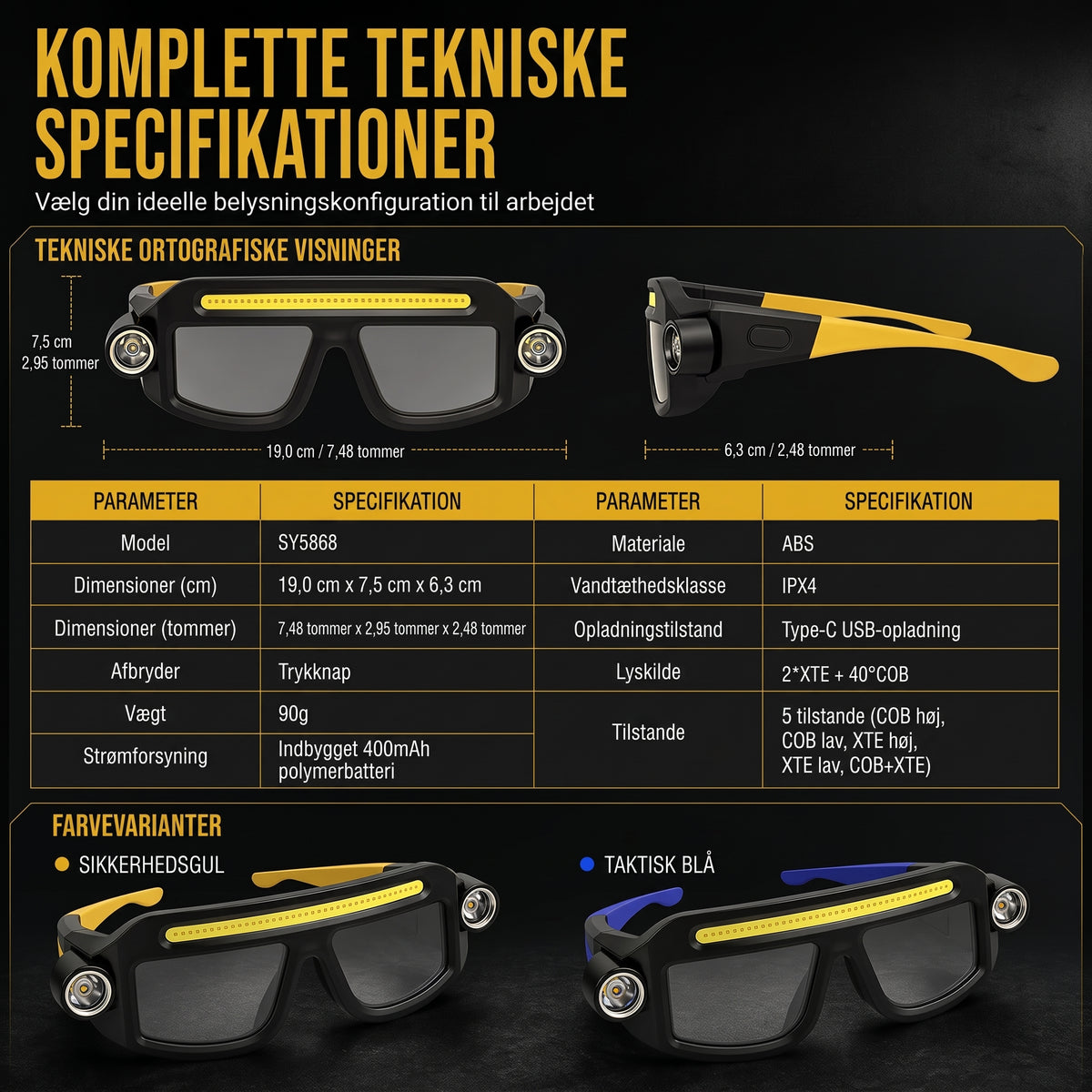 Genopladelig LED pandelampe i brillemodel med bevægelsessensor