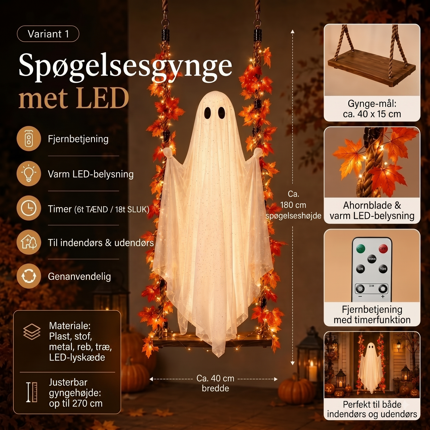 Hængende spøgelsesgynge med LED-belysning til Halloween