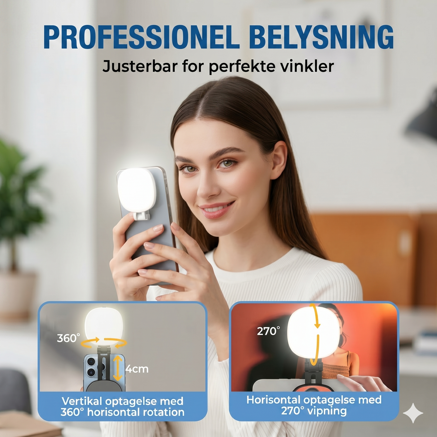 3-i-1 telefonstativ, spejl og magnetisk selfie-lys