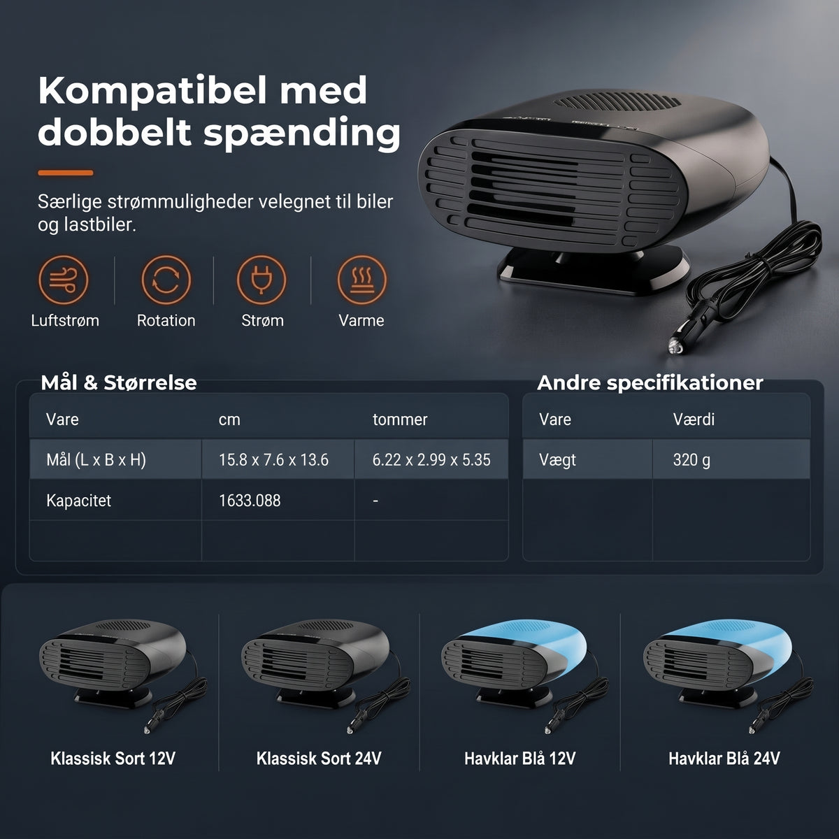 Mini bilvarmer til afdugning og afrimning af bilruder