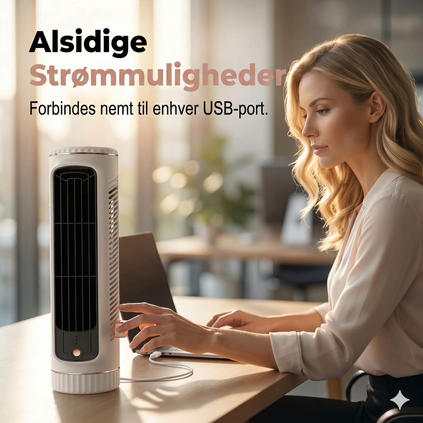 Bærbar USB-tårnventilator med 3 hastigheder