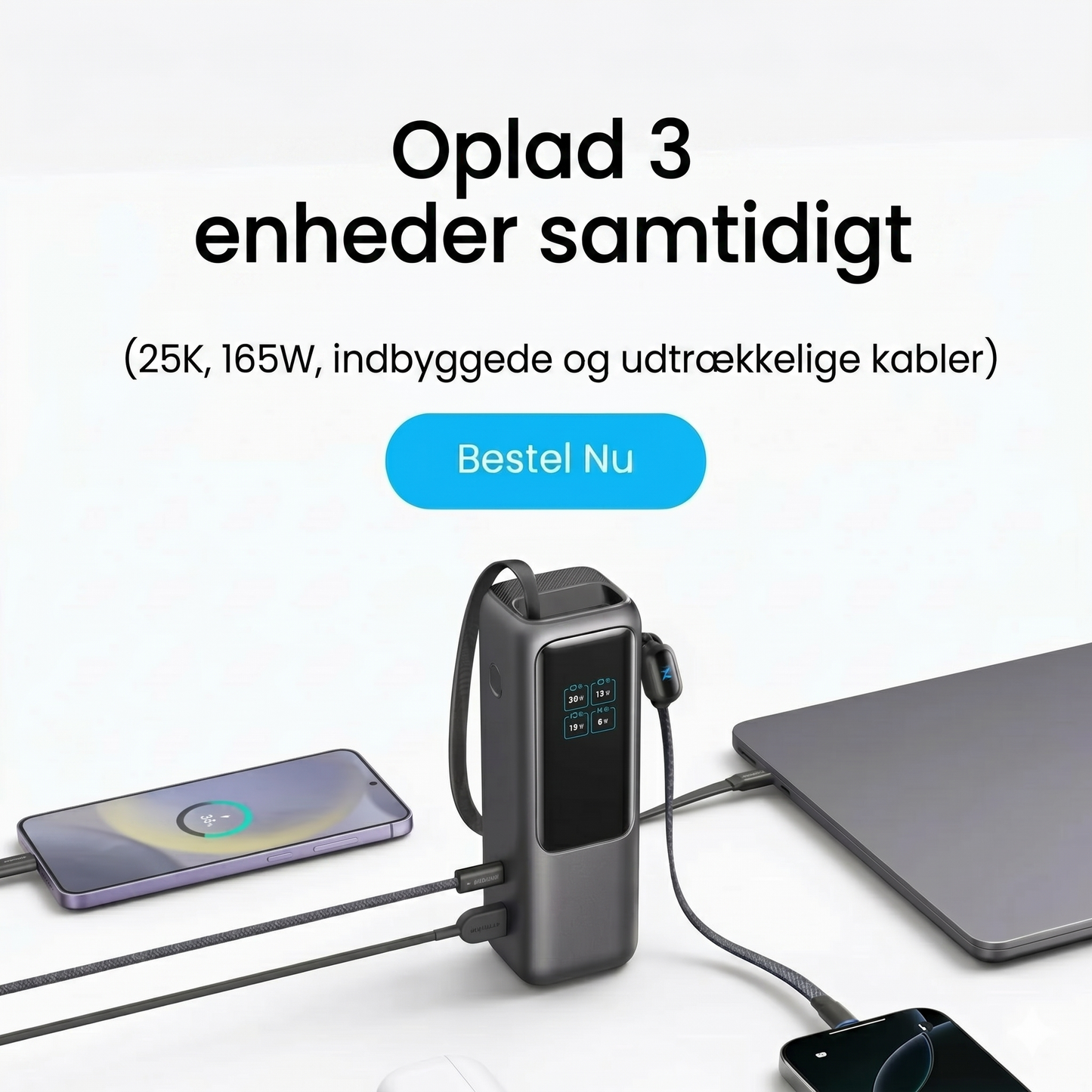 Powerbank med indbygget kabel