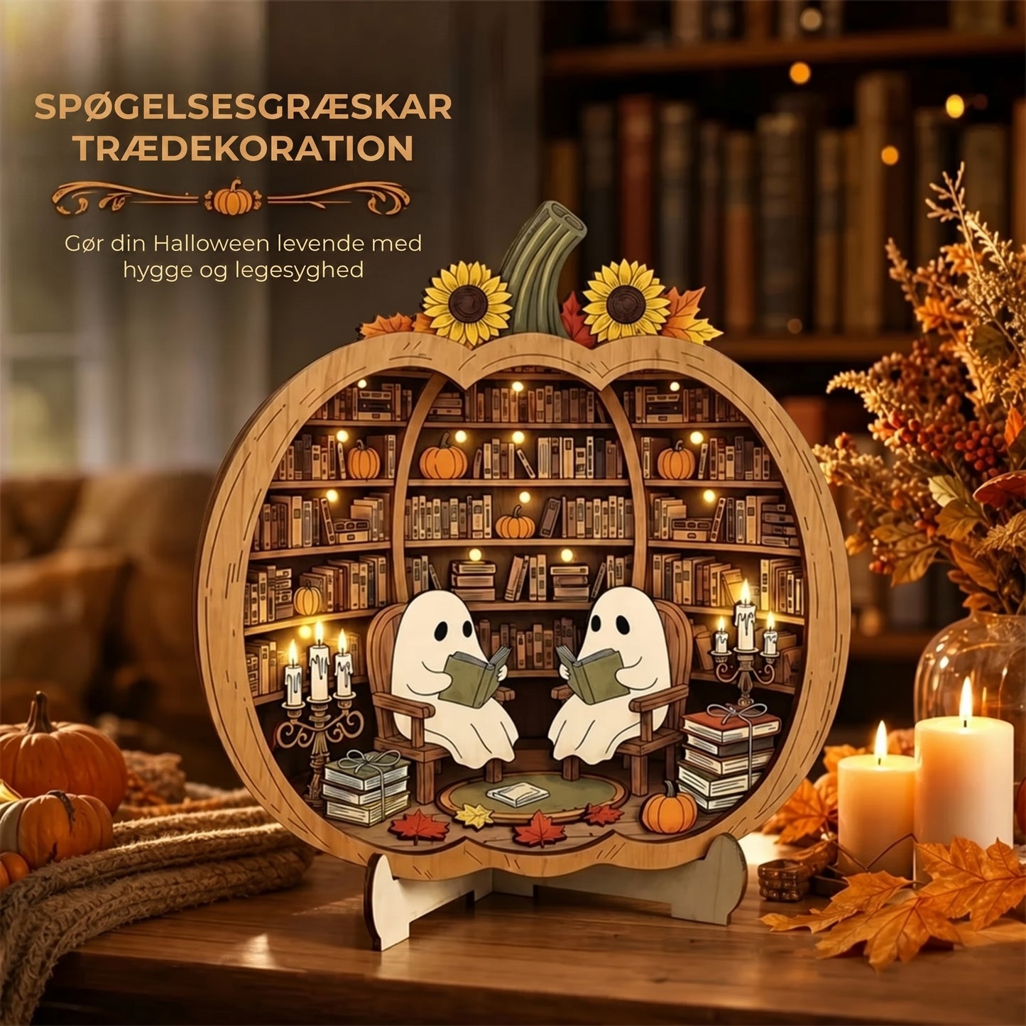 Halloween græskardekoration i træ med LED