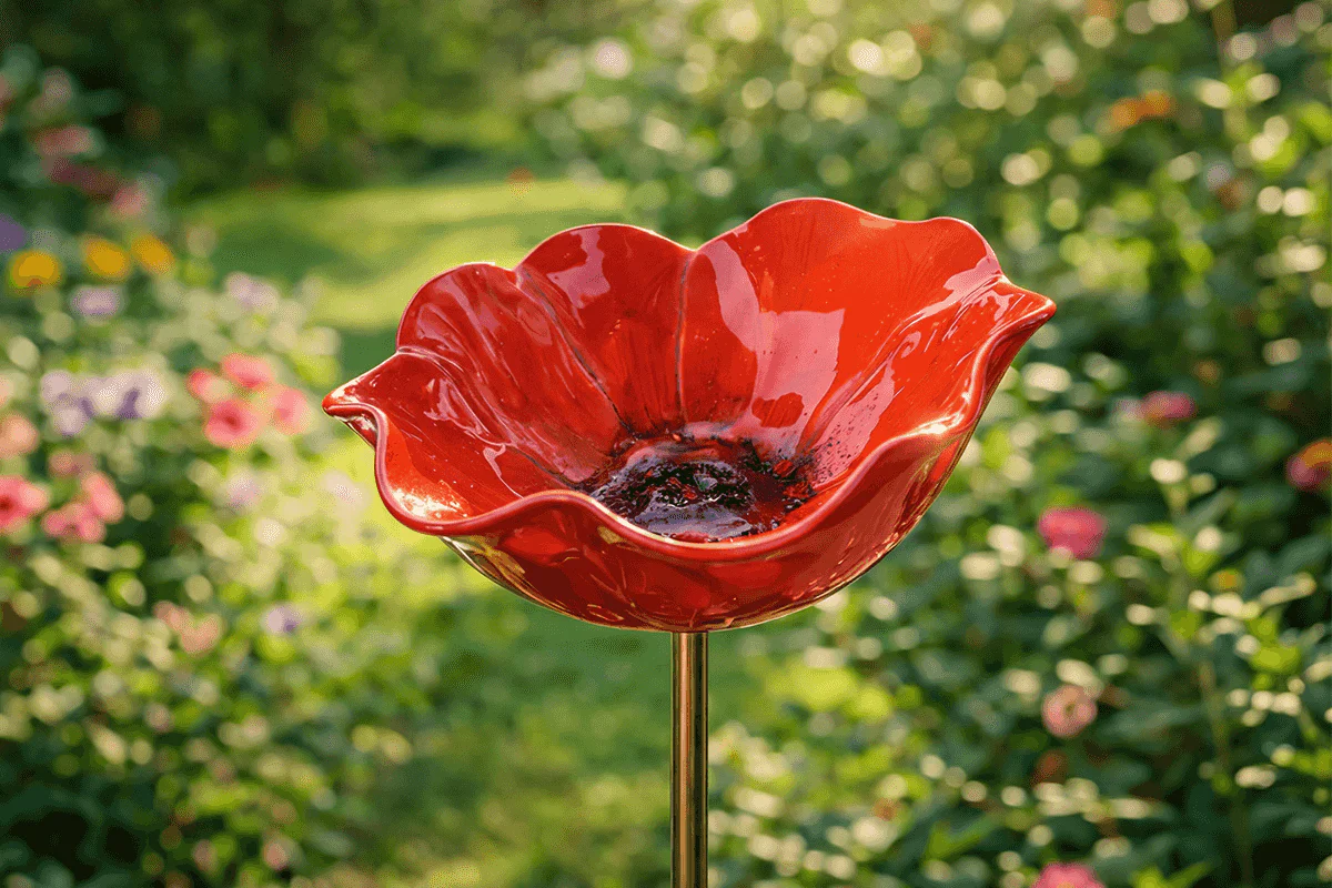 Dekorativ håndlavet metal fuglefoderautomat i blomsterform