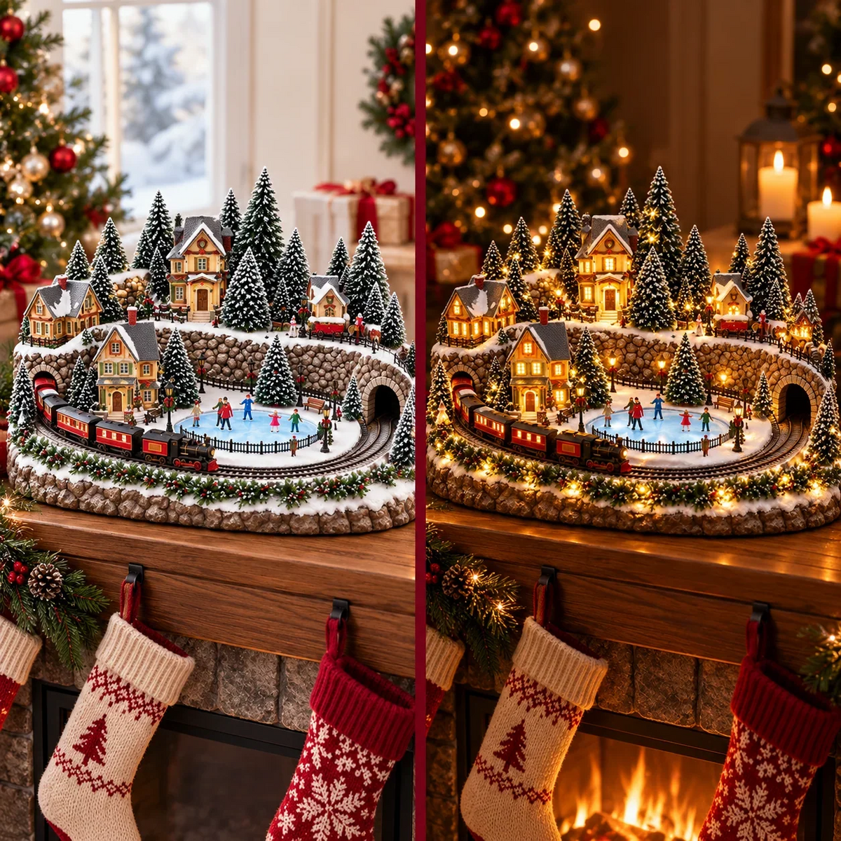 Juledekoration med bevægeligt tog og skøjtebane