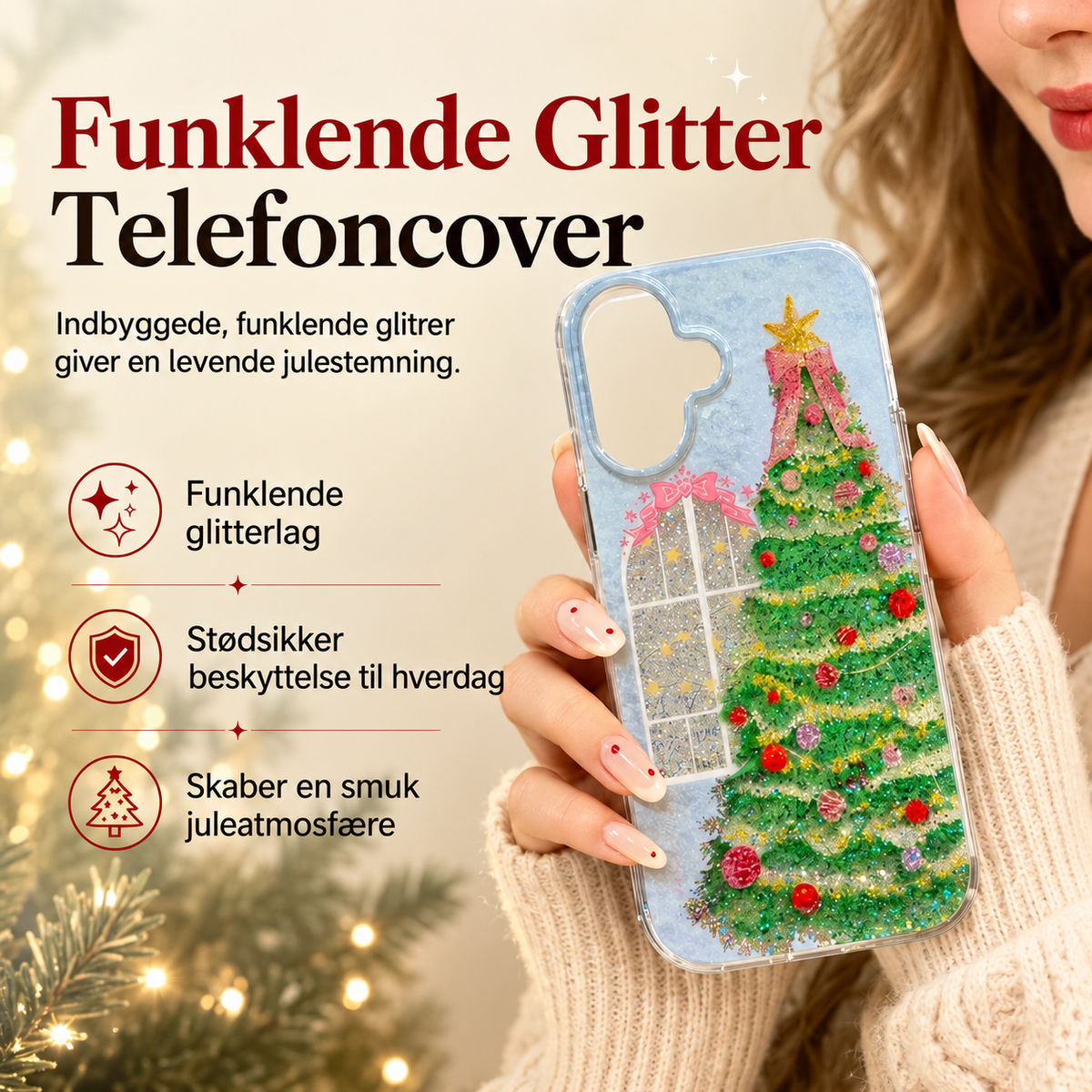 Glitrende telefoncover med juletræ
