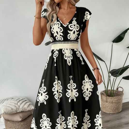 Elegant kjole med V-hals & barokprint