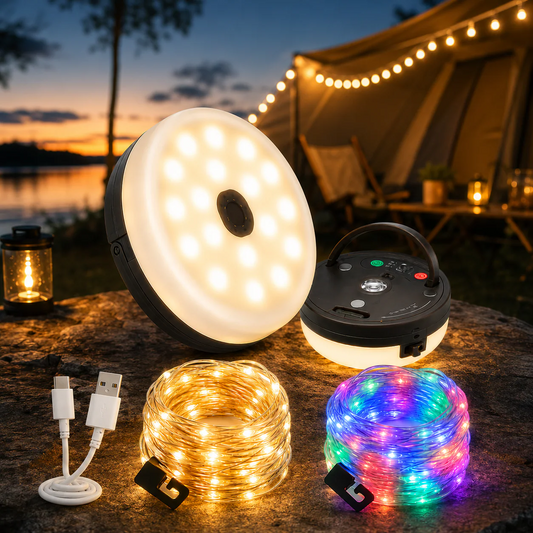 CampGlow 4-i-1 genopladelig campinglampe med lyskæde og powerbank