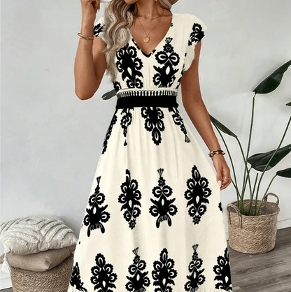 Elegant kjole med V-hals & barokprint