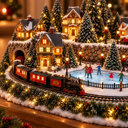 Juledekoration med bevægeligt tog og skøjtebane