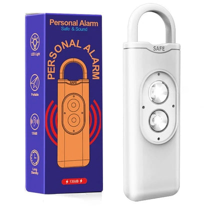 Genopladelig personlig alarm med lommelygte og 130 dB sirene