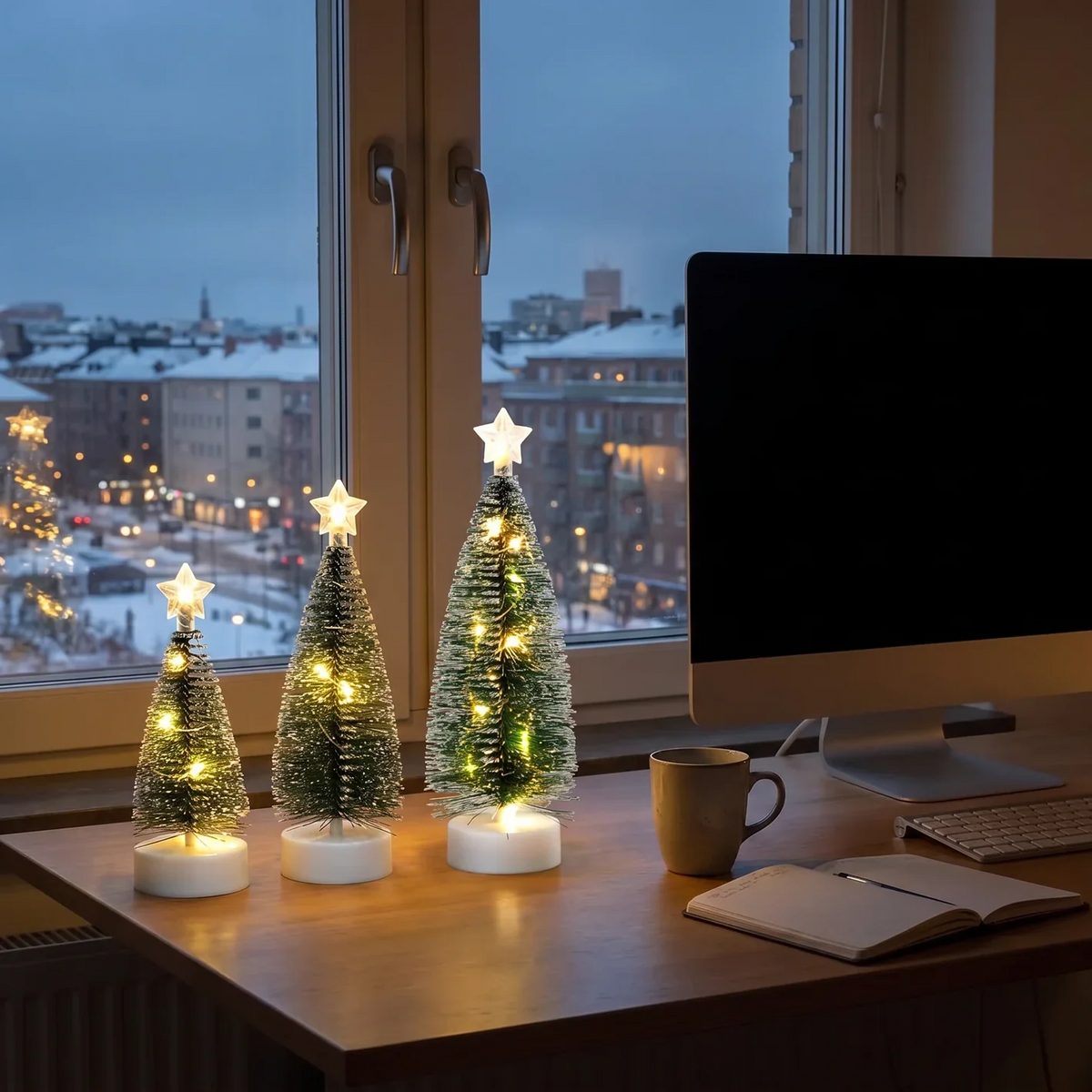 Silva tre små juletræer med varmhvidt lys