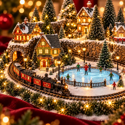 Juledekoration med bevægeligt tog og skøjtebane