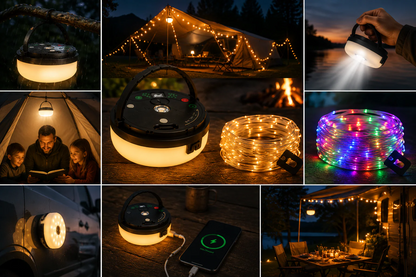 CampGlow 4-i-1 genopladelig campinglampe med lyskæde og powerbank