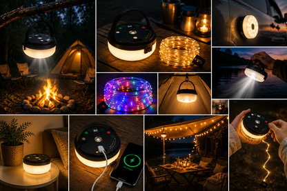 CampGlow 4-i-1 genopladelig campinglampe med lyskæde og powerbank