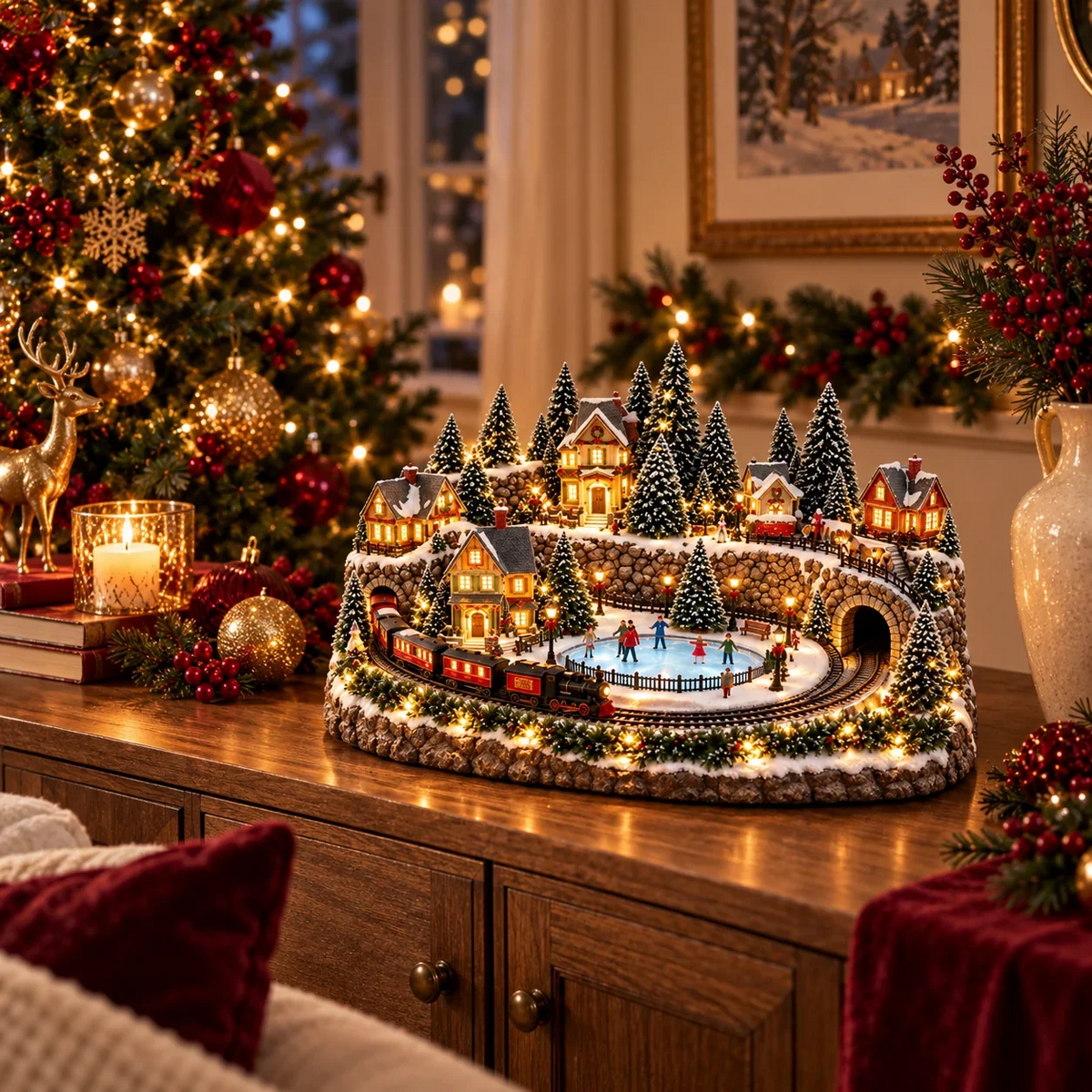 Juledekoration med bevægeligt tog og skøjtebane