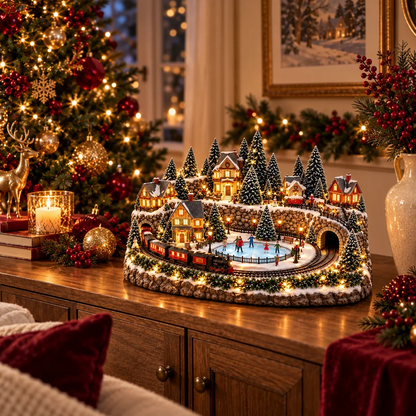 Juledekoration med bevægeligt tog og skøjtebane