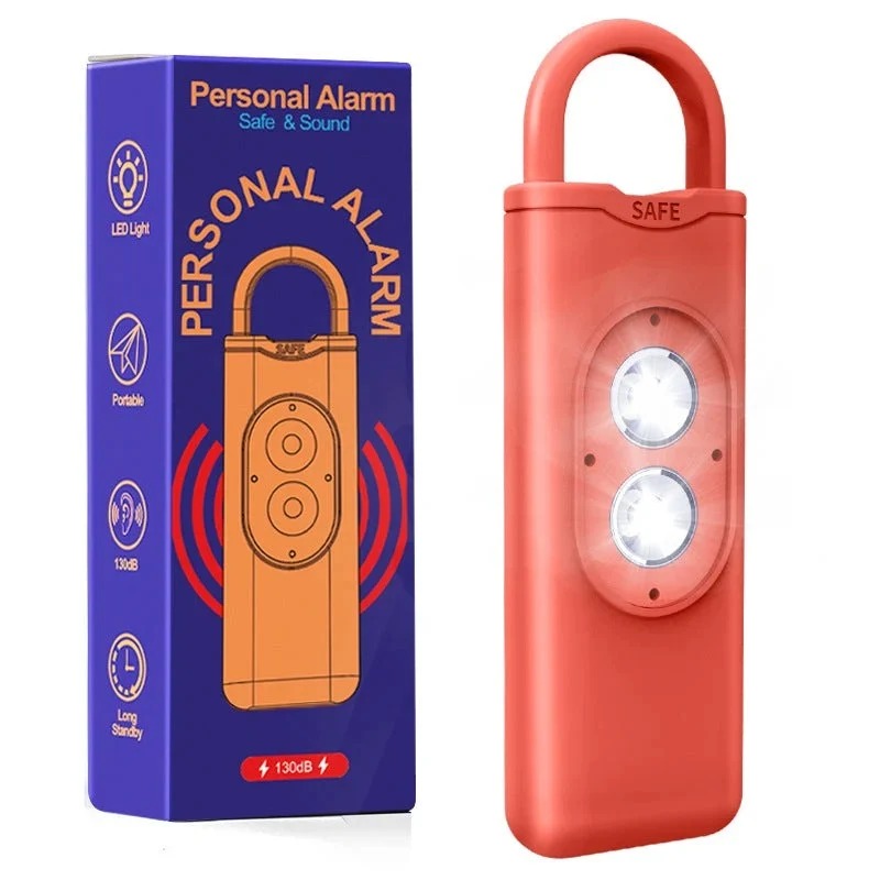 Genopladelig personlig alarm med lommelygte og 130 dB sirene
