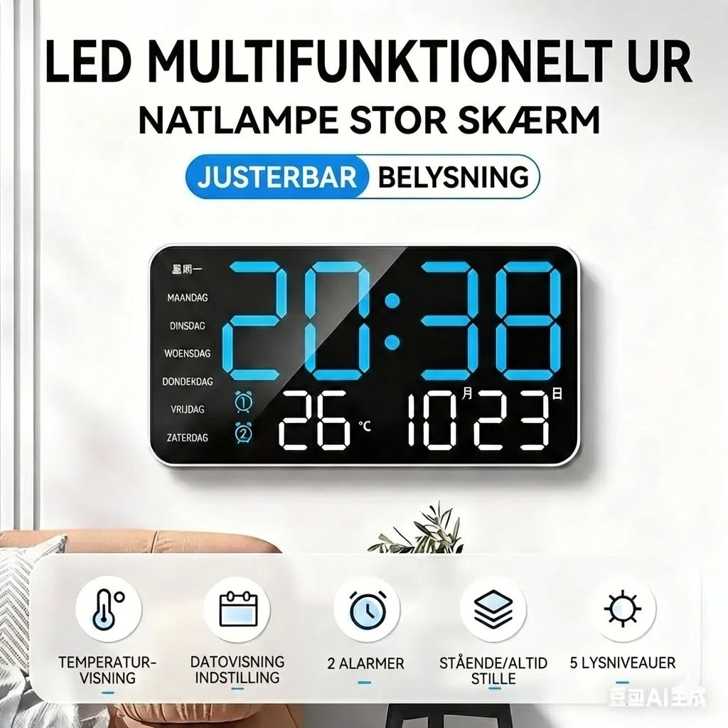Multifunktionel dekorativ digitalt LED-vægur