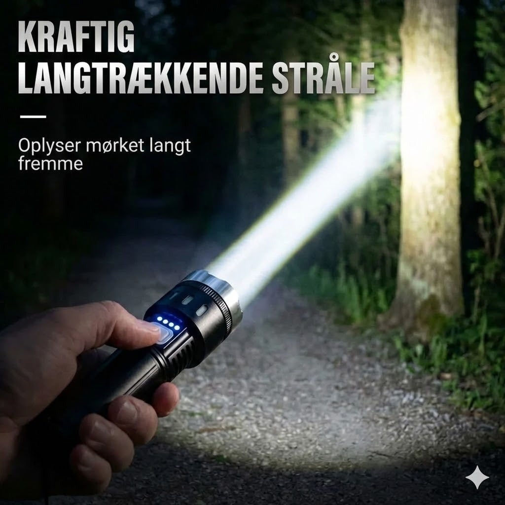 LED-lommelygte med digitalt display og zoom