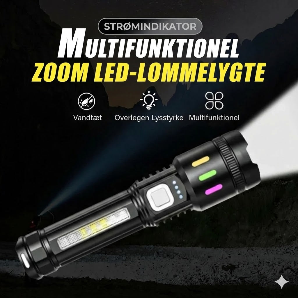 LED-lommelygte med digitalt display og zoom